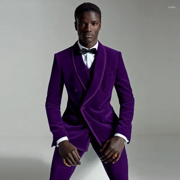 Мужские костюмы фиолетовый смокинг для жениха с шалью и лацканами, бархатный мужской двубортный свадебный мужской пиджак, 3 шт. (куртка, брюки, жилет, галстук) Z138