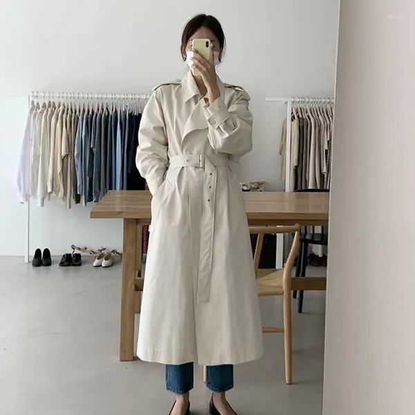 Casacos de Trench das Mulheres Coreano Solto Elegante Mid-Comprimento Bege Windbreaker com Faixas Mulheres Primavera Outono Casual Lapela Manga Longa Casaco Feminino