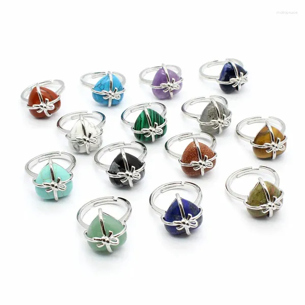 Cluster Ringe Silber Farbe Naturstein Ring Herzförmige Heilung Lapislazuli Opal Quarz Lila Rosa Kristall Aussage Frauen Schmuck