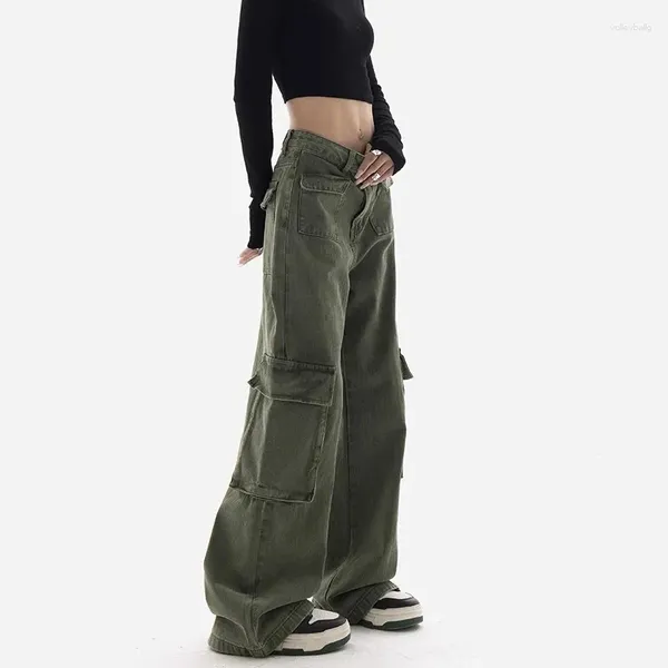 Jeans femininos wcfcx estúdio carga mulheres y2k streetwear baggy vintage verde perna larga mãe moda calças