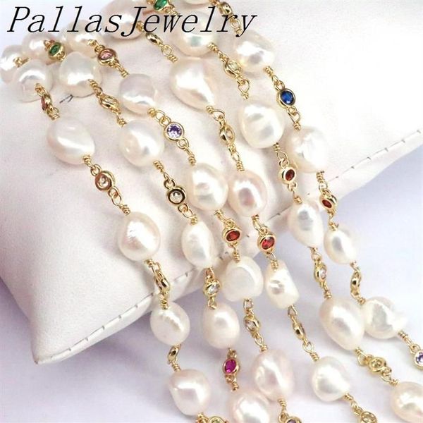 Metri Est Perla d'acqua dolce naturale Catena colorata CZ Perle di rosario riempite d'oro per catene di bracciali e collane2990
