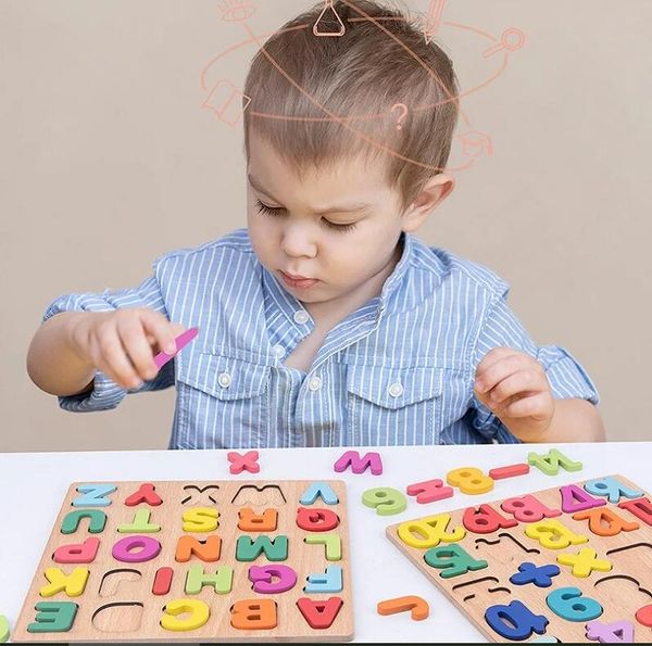 Puzzle en bois avec chiffres et lettres de l'alphabet coloré, jeu de correspondance Intelligent pour enfants d'âge préscolaire, jouets éducatifs précoces