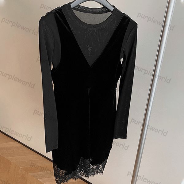 Abito in velluto nero con scollo a V, gilet in pizzo, set di magliette in rete con abito dimagrante in vita