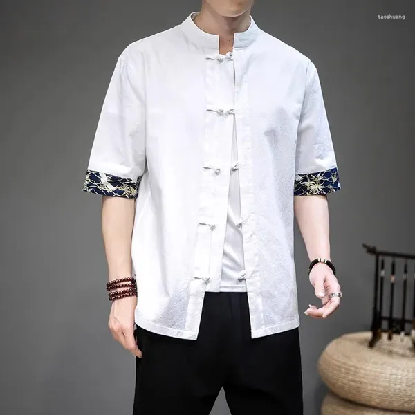 Camisa de linho de algodão dos homens topos verão retalhos manga curta blusa solta homem plus size harajuku chinês camisa social masculina