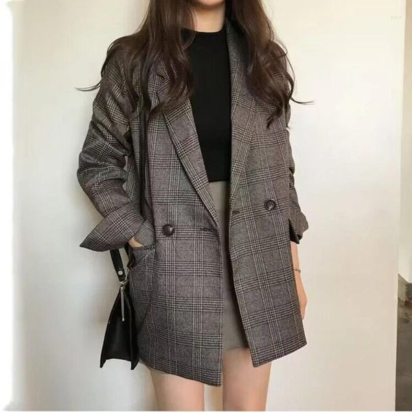 Damenanzüge 2023 Herbst Vintage Plaid Frauen Blazer Langarm Büro Casual Grau Braun Anzug Mantel Lose Jacke Hohe Qualität