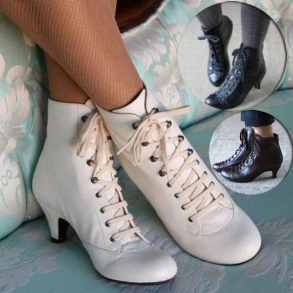 Ботинки Модные женские ботильоны на низком каблуке «котенок» Викторианские туфли из искусственной кожи с круглым носком Стимпанк Джинсовые ботинки на шнуровке в стиле ретро 231013