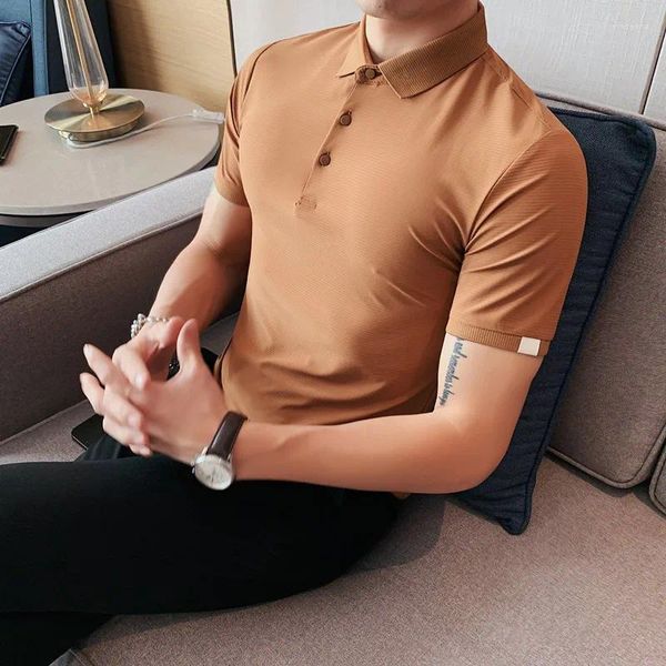 Polos masculinos marca de moda lapela cor sólida negócios formal social manga curta camisa polo verão lazer magro botão fino camiseta topo