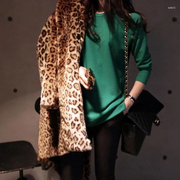Mulheres de pele longa linha falso leopardo trench coat em toque macio 2023 mulher inverno fofo midi jaqueta