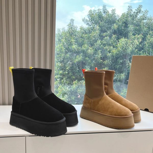 Botas clássicas de pele de carneiro camurça plataforma neve tornozelo botas inverno preto meia sapatos deslizamento-em apartamentos pele em couro dedo do pé redondo mulheres moda designer de luxo sapato de fábrica