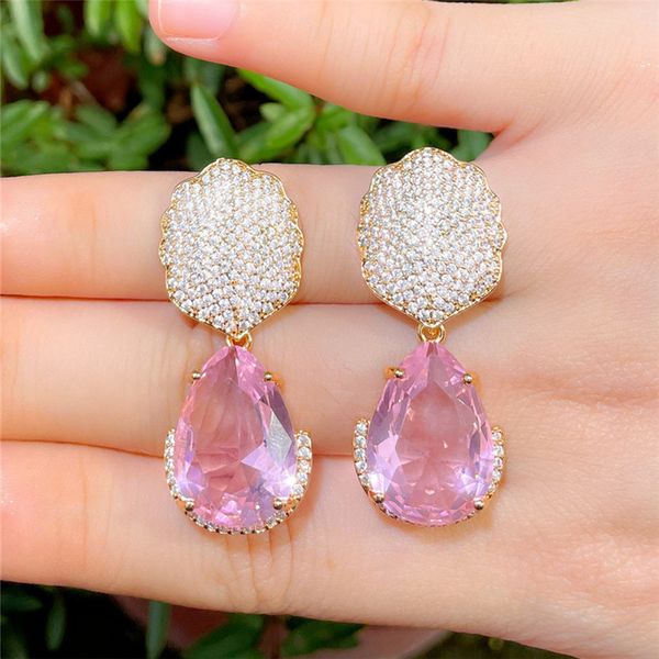 Vintage Bling Kristal Çiçek Pırlanta Küpe Küpe Tasarımcısı Kadın Dans Partisi Pembe AAA Kübik Zirkonya Bakır Küpeler Kadın Nişanlanması Düğün Lüks Takı