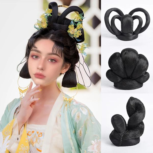 Perucas sintéticas Hanfu Mulheres Traje Peruca Estilo Antigo Cos Pad Cabelo Alto Coque Longo Peça Reta Chignon 231013