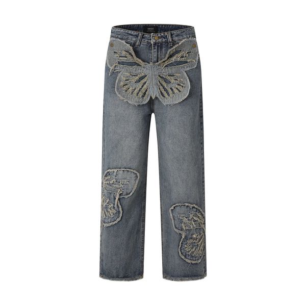 Borboleta remendos bordados lavados em linha reta vintage baggy encaixe jeans para homens high street angustiado calças de brim feminino