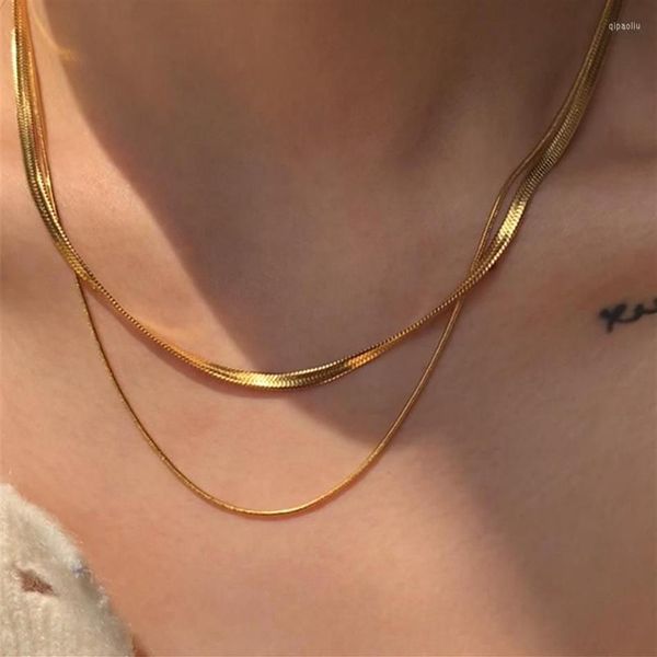 Ketten Doppelschichtige Schlangenkette Damen Halskette Kurz Edelstahl Herringbone Gold Schmuck Geschenk213r