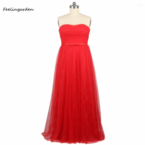 Vestidos de festa Feelingarden vestido de noite vermelho renda tule sem alças simples até a linha até o chão plus size mulheres ya011