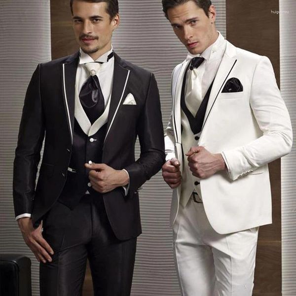Erkekler Suits Beyaz ve Siyah Erkek Pantolonlu Damat Düğün Smokin Tuxedos Terno Maskulino Çentikli Yakası Adam Blazers 3priece Ceket Yelek
