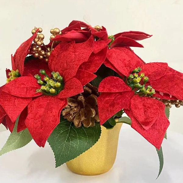 Flores decorativas de alta qualidade flanela flor artificial vaso de natal poinsettia decoração folha verde vermelho plástico tecido desktop casa