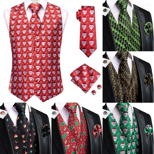 Coletes masculinos Hi-Tie Christma Red Silk Vest Tie Business Dress Slim Sem Mangas Jaqueta 4PC Hanky Cufflink Terno Colete Party Designer
