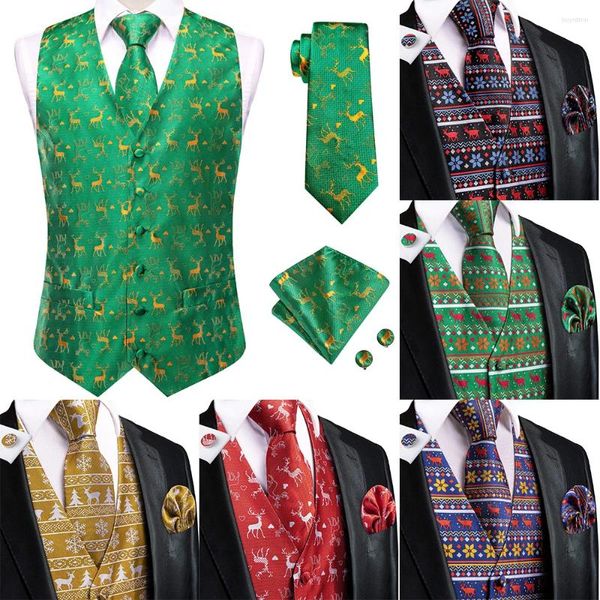 Coletes masculinos Hi-Tie Christma Green Gold Vest Tie Business Formal Vestido De Seda Sem Mangas Jaqueta 4 PC Hanky Cufflink Paisley Terno Colete