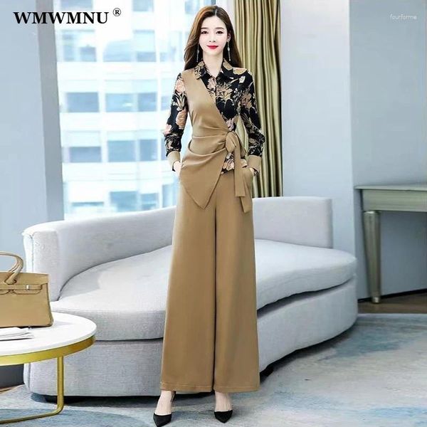 Frauen Zweiteilige Hosen Koreanische Unregelmäßige Druck Patchwork Spitze Up Shirts Und Mode Hohe Taille Breite Bein Anzug Elegante set Frauen Outfits