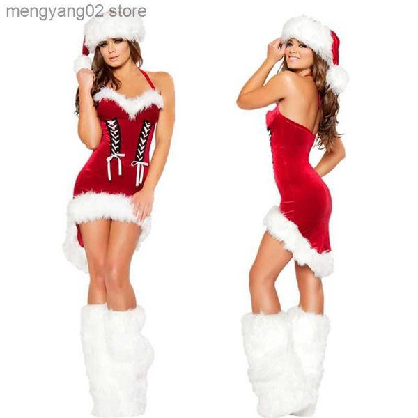 Costume a tema Donna Sexy Natale Vieni Cosplay Babbo Natale Abito da festa di Natale con cappello e coprigambe T231013