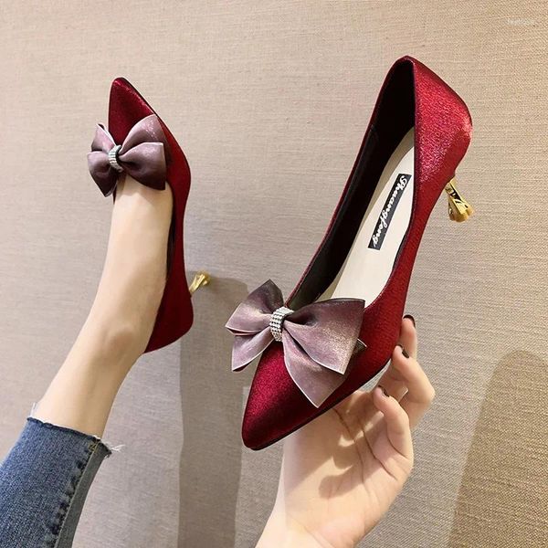 Elbise Ayakkabı 2023 Bow Tie Yüksek Topuklu Kadın Moda İnce Topuk Sollu Ağız Net Kırmızı Fransız Tarzı Tek Düğün