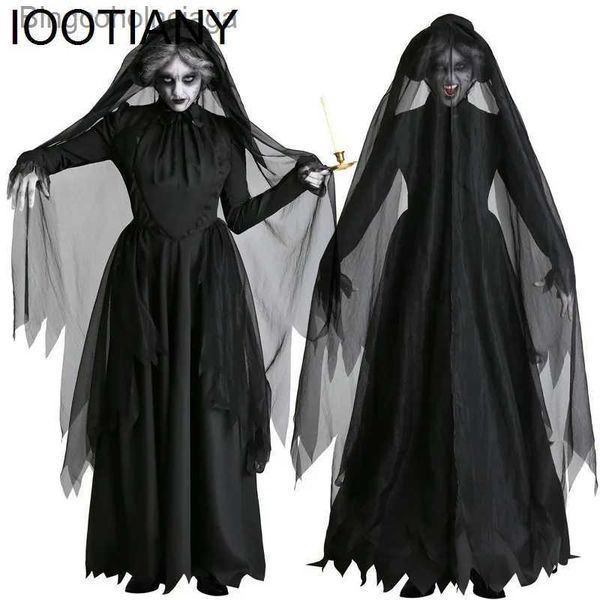 Tema Traje Horror Cosplay Bruxa Mulheres Assustador Zumbi Vampiro Halloween Carnaval Venha Fantasma Assustador Medieval Capa Com Capuz Dia dos MortosL231013