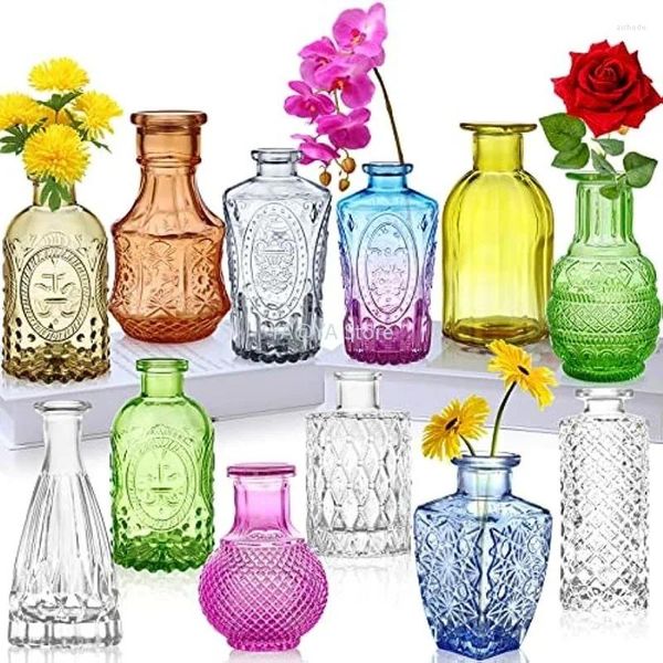 Vasos 12 pcs pequeno vaso colorido bud mini decoração conjunto garrafa de vidro vintage para presente de mesa de família de casamento