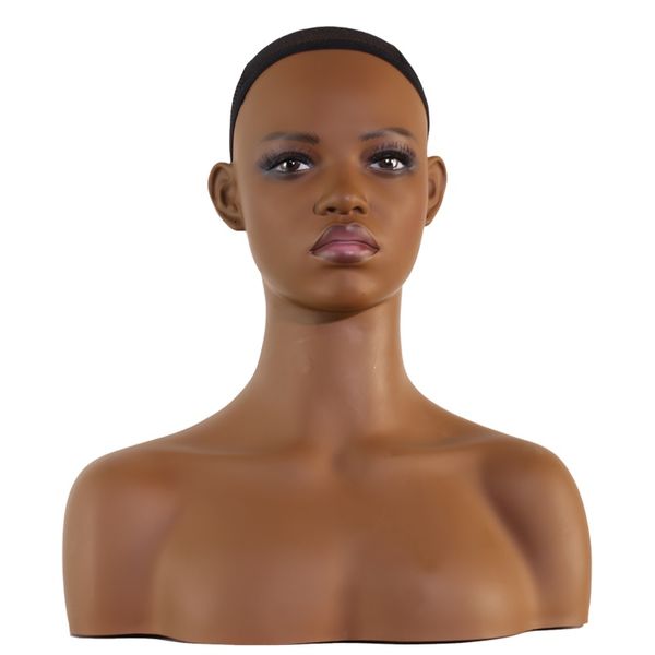 USA Warehouse Kostenloser Versand, Perückenständer, realistischer weiblicher Mannequin-Kopf mit Schulterpuppenkopf, Büste, Perückenkopf für die Präsentation von Perücken, Halskette, Ohrringen, Hut, dunkelbraun
