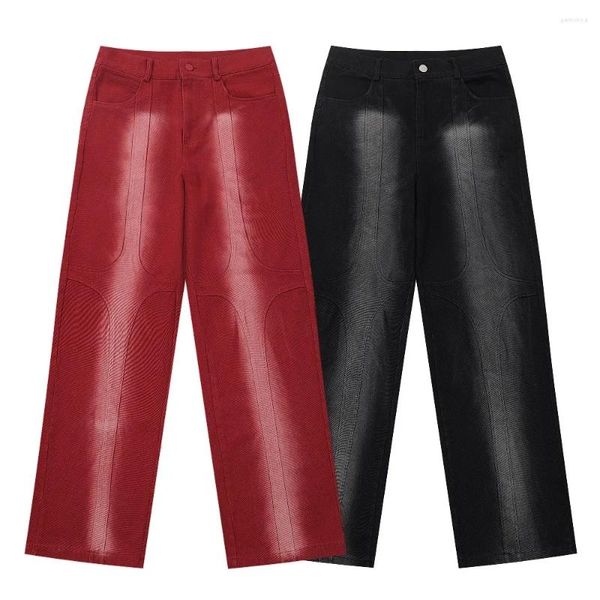 Damen Jeans Vintage Wash Distressed Color Block Rot Schwarz Denim Hose für Damen Herren Goth Hose Ästhetische Winterkleidung Streetwear