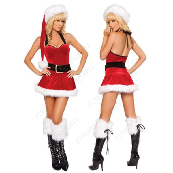 Tema Women Christmas Party Halter Back Abito Mesh Red Veet Bodyuit con cappello Babbo Natale costume sexy Set di Natale 231013