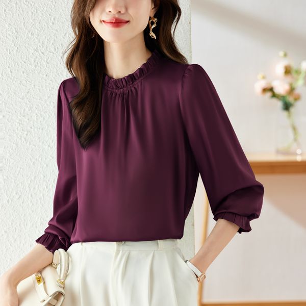 8 Renk Saten Bluzları Kadınlar için Tasarımcı Stand Yaka İpek Üstler Uzun Kollu Ofis Bayanlar Zarif Top 2023 Sonbahar Kış Katı Pist Buzları Artı Boyut Kadın Giysileri