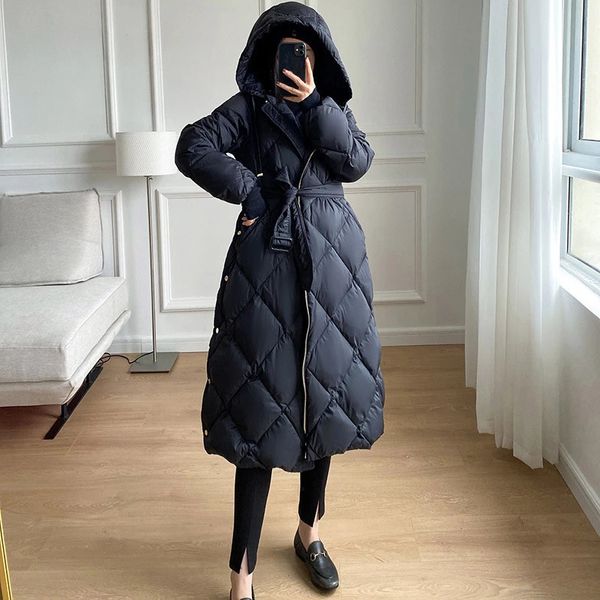 Piumino Parka da donna bianco anatra giacca lunga con cappuccio autunno inverno caldo capispalla a rombi cintura regolabile cappotto sottile 2023 231012