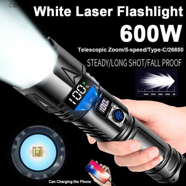 Tochas 600W de alta potência LED branco lanterna à prova d'água de longo alcance ao ar livre holofote alumínio zoom luz display digital carregamento USB Q231013