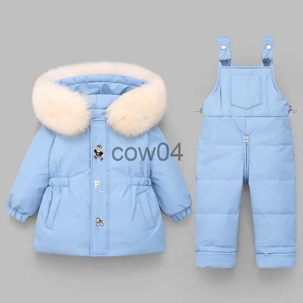 Macacão novo inverno meninas conjunto de roupas de pele com capuz criança roupas pura pato branco para baixo casaco + calças à prova dwaterproof água quente neve casaco tz364 x1013