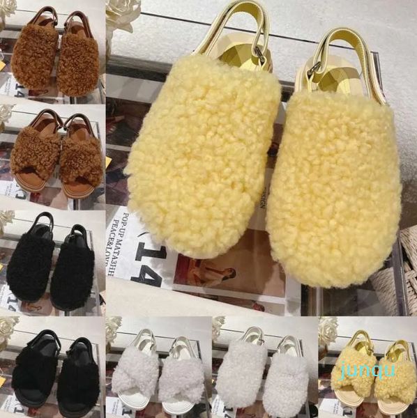 Dicke Unterseite aus Shearling-Sandale, Mar-Hausschuhe, Ni-Plateau, Schaffell-Fell-Pantoletten, Knöchelschnalle, Slingback-Slip-on-Woll-Clogs, Cross-Riemen-Slides