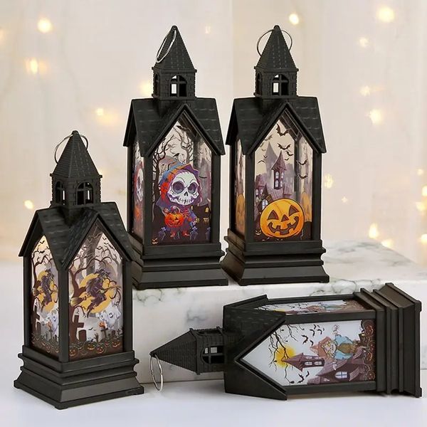 Lampada a candela per decorazione domestica di Halloween da 1 pezzo, piccole luci notturne a sospensione elettronica, lampada a forma di zucca con luci a vento del castello, decorazione per oggetti di scena per feste di Halloween