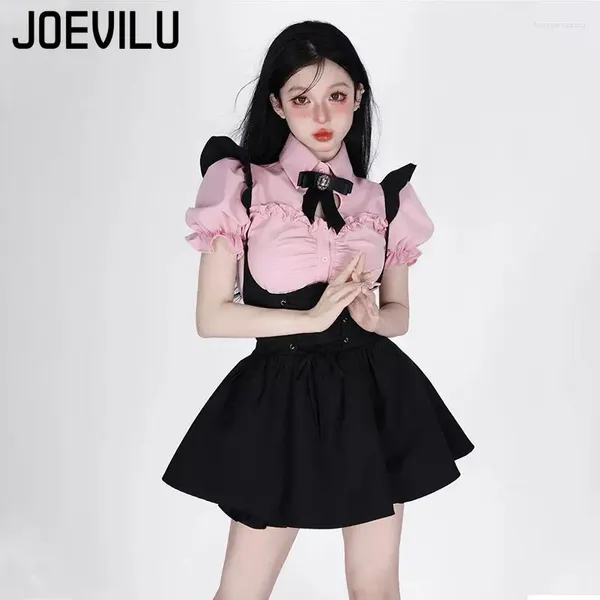 Vestidos de trabalho conjunto de saia com alça japonesa, camisa de manga linda com gravata borboleta, mini saias pretas, conjuntos de 2 peças, roupas para bebês kawaii y2k