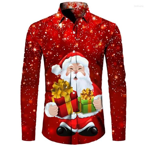 Мужские классические рубашки 2023 Рождественский лось Санта-Клаус Снеговик Сверкающая рубашка Модный стиль Дизайнерский дизайн Топы с длинными рукавами с лацканами Plus