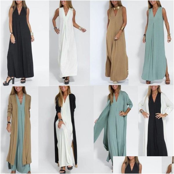 Vestidos de estilo de rua moda cor sólida mulheres y v-pescoço irregularidade babados maxi vestido sem mangas casual solto liso longo cardigan otkae