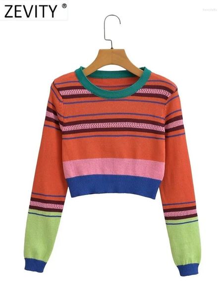 Suéteres femininos Zevity Mulheres estilo francês cor combinando padrão listrado curto tricô suéter feminino casual colheita pullovers casaco tops