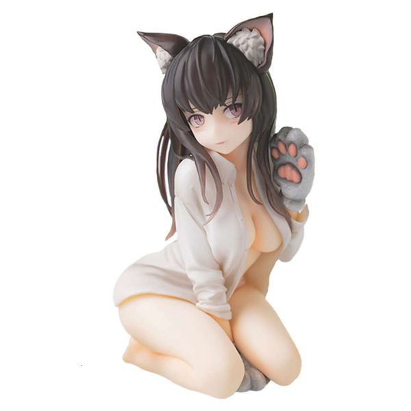 Trajes de mascote 14cm anime figura mia gato menina orelhas de pelúcia patas cauda camisa branca sexy ajoelhado morena menina modelo bonecas brinquedo presente coletar encaixotado