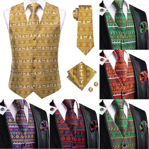 Coletes masculinos Hi-Tie Christma Silk Vest Tie Lenço Cufflink Set Marrom Branco Vestido Formal Slim Sem Mangas Jaqueta 4 PC Terno Colete