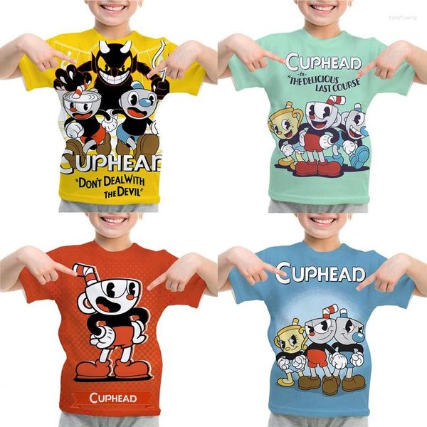 Camiseta masculina dos desenhos animados cuphead mugman impressão t-shirts verão manga curta camisetas crianças roupas crianças anime camisa harajuku menino menina