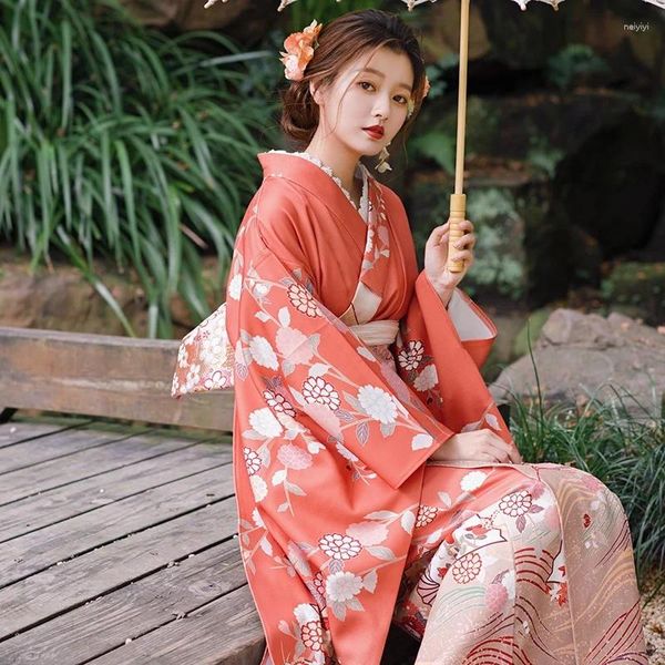 Abbigliamento etnico Kimono tradizionale giapponese Abito kimono a maniche lunghe Vintage Colore arancione Stampe floreali Yukata Cosplay Wear Po Dress FF3669