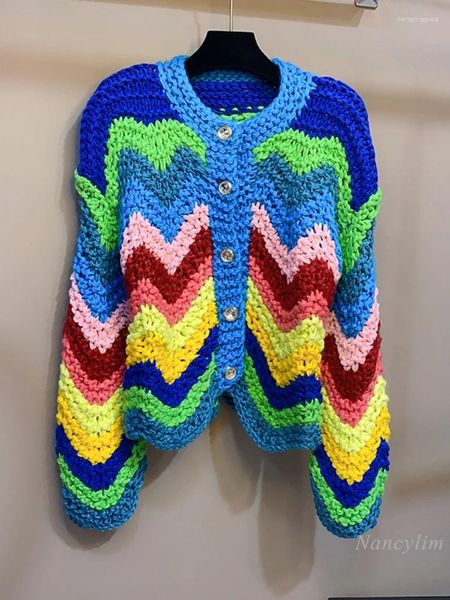 Maglieria da donna fatta a mano con ferri da maglia, filato grosso, a righe colorate, colore a contrasto, maglieria, cardigan, maglione, cappotto, cardigan spesso, autunno