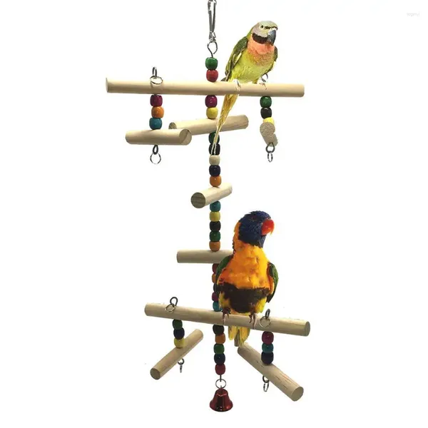 Другие товары для птиц Подвесные жевательные игрушки для попугаев Красочные круглые деревянные бусины Аксессуары для птичьей клетки с колокольчиком для маленького среднего размера