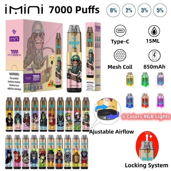 Imini Premium 7000Puffs Litauen Litauen verfügbar E-Zigarette Einweg E Vape Disposable E Cig Custom Vaporizer Pen Shisha Tornados vorgefüllte Patronen Pinkfarbe