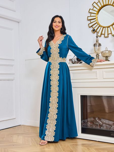 Satinarabisch lange Mutter der Braut glänzender Gold Spitze gegen Nacken Pailletten bodenlange Nahe Osten formale Party Promkleider eleganter muslimischer Dubai sogar Kleid 403