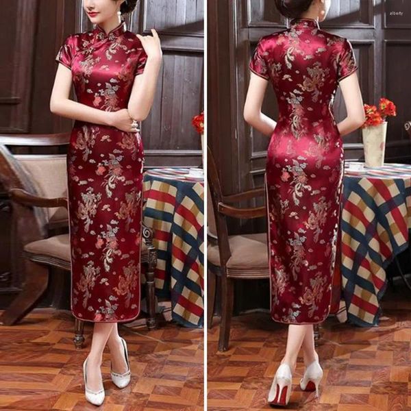 Roupas étnicas Mulheres Vestido Chinês Estilo Nacional Floral Bordado Stand Collar Mangas Curtas Alta Side Split Knot Botões Cheongsam S