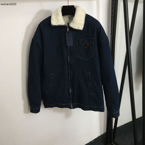 bavero Giacca di jeans per moda donna Cappotto da ragazza con logo geometrico Taglia S M L alta qualità Pelliccia di agnello calda con soprabito foderato in peluche Oct10